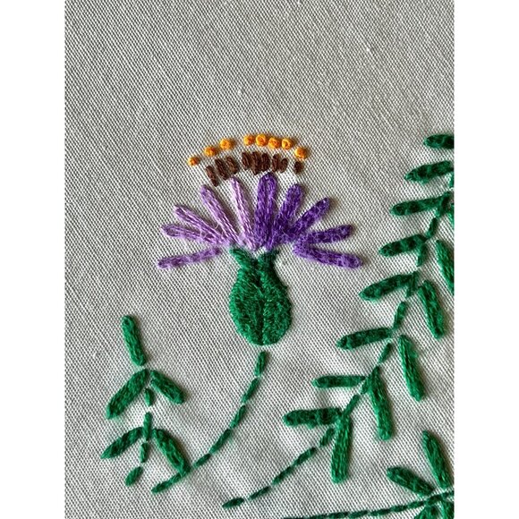 Hand Embroidered Round Tablecloth Floral 58.5” D. Pale Pink/Beige Taupe Hem VTG - Picture 10 of 12